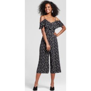 Xhilaration Ruffle Black Floral Shoulder Jumpsuit Small
